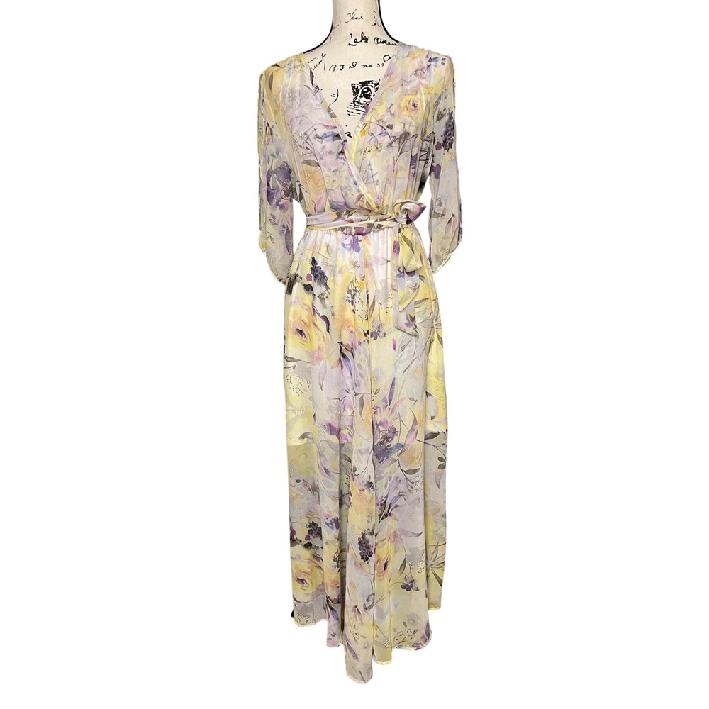 Haani Floral Maxi Dress Womens Large Yellow Purple Fair Watercolor Wrap Chiffon